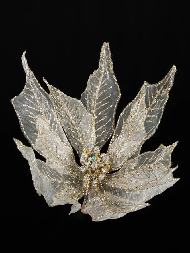 РТР 13567 ПРЕМИУМ ЦВЕТОК  ПУАНСЕТТИИ ШАМПАНЬ ИЗ ОРГАНЗЫ С ГЛИТТЕРОМ НА КЛИПСЕ 30 СМ