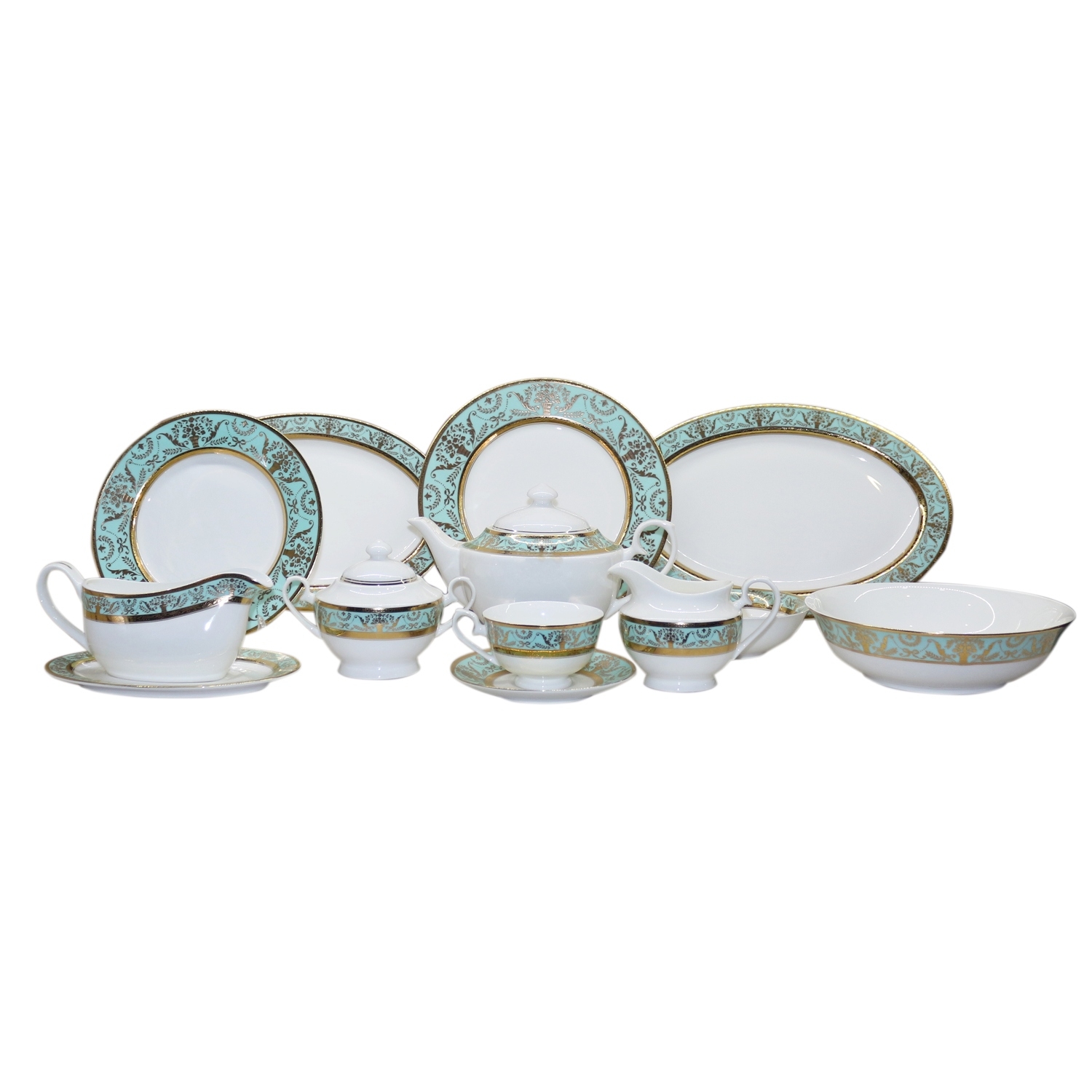 РД-006 Столовый сервиз на 12 персон 102 пр 2 коробки (к-т) (столовые сервизы фарфоровая бирюзовый(е) с золотым узором)