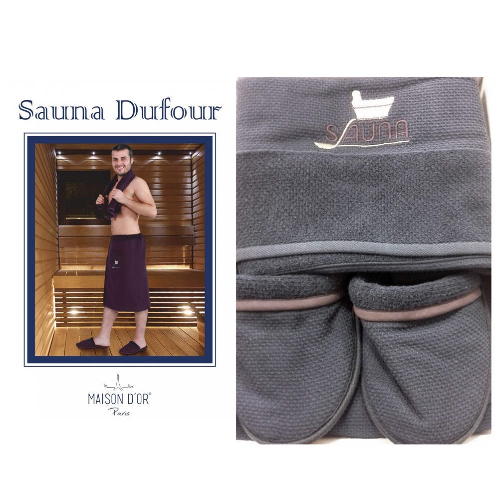 MD-144/сер НАБОР МУЖСКОЙ: ПАРЕО НА ЛИПУЧКЕ, ПОЛОТЕНЦЕ 50*100, ТАПОЧКИ SAUNA DUFOUR - ДУФОР цвет серый