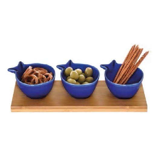 Ил-128740 Поднос бамбуковый 28,5*10 см и 3 фарфоровые чаши 10,5*9 см "SEA FRIENDS BLU" 2592 SEBL