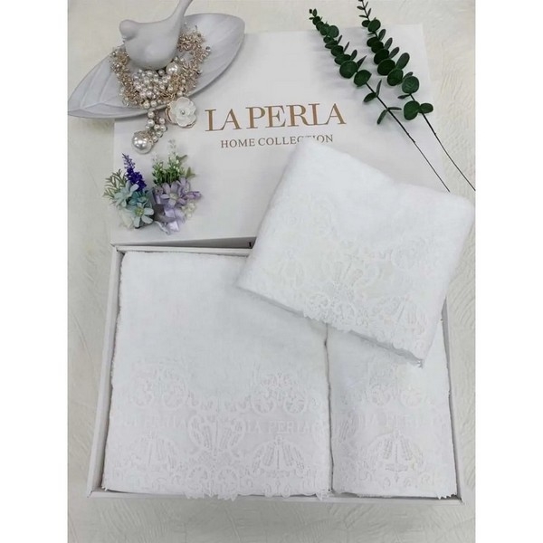 КПГ-366/бел Набор полотенец с кружевами  LA PERLA 100% Египетский хлопок 76*142-1шт, 45*71-2шт цвет белый к-т
