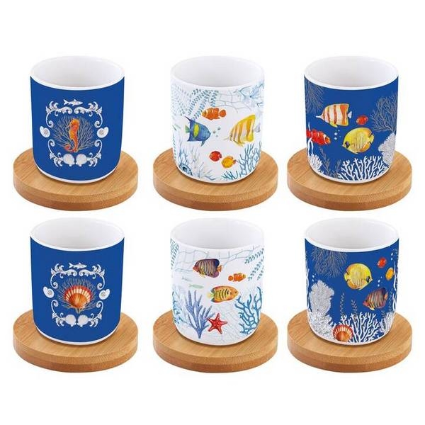 Ил-137728 Набор из 6-ти фарфоровых кофейных чашек 110 мл с бамбуковыми блюдцами в подарочной упаковке AQUARIUM 0127 AQRM