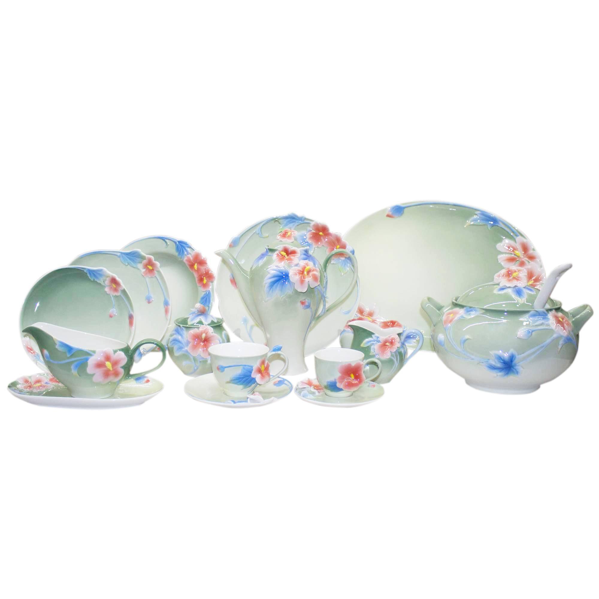 РД-3/15 Столовый сервиз: набор чайно кофейный на 12 персон 124 пр FROMONE/111544 (к-т) (Столовые сервизы фарфоровая посуда зеленый с цветами)