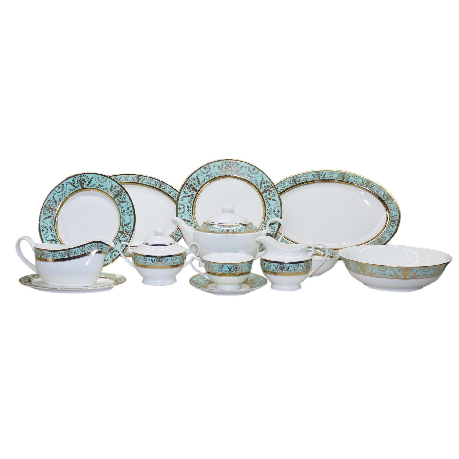 РД-006 Столовый сервиз на 12 персон 102 пр 2 коробки (к-т) (столовые сервизы фарфоровая бирюзовый(е) с золотым узором)