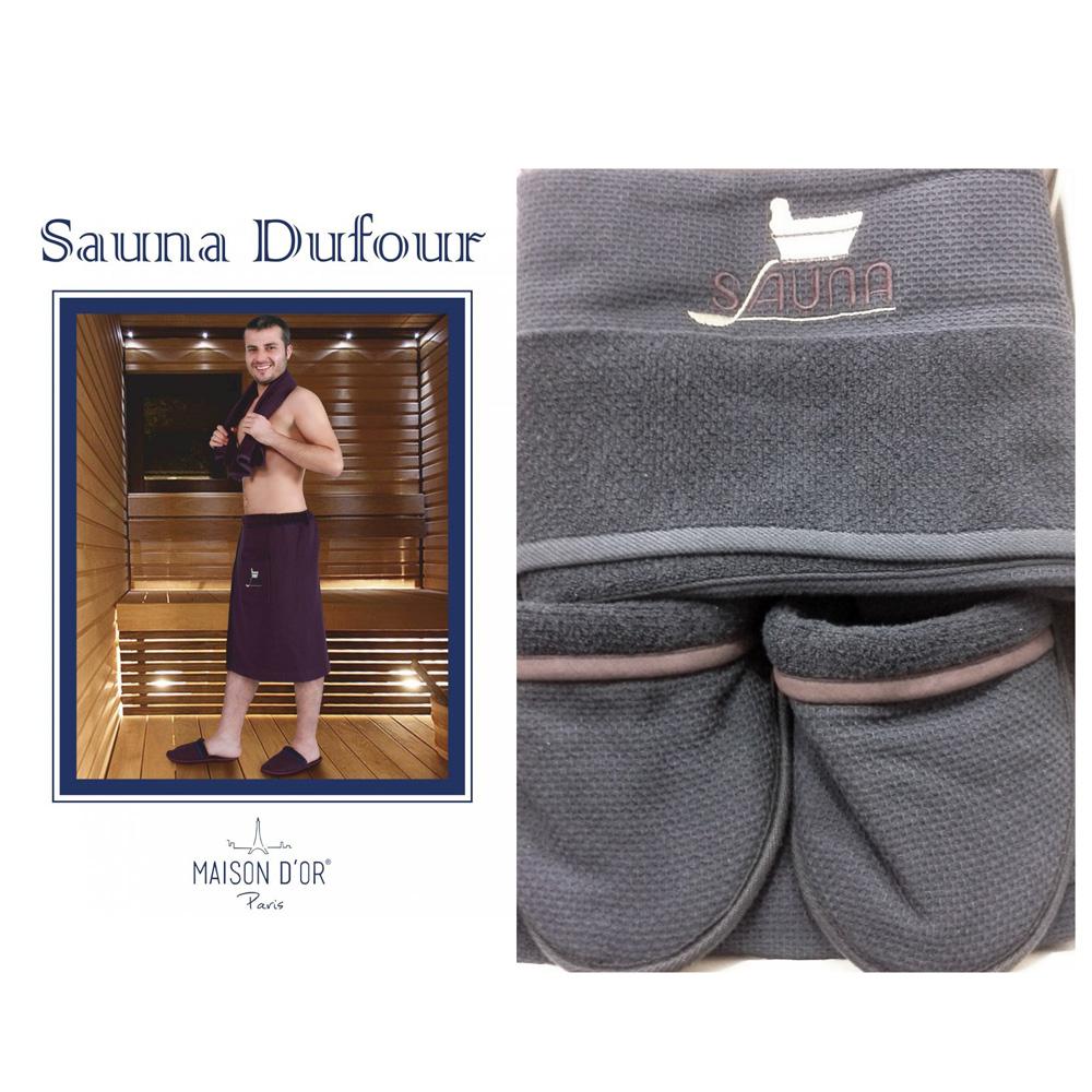MD-144/сер НАБОР МУЖСКОЙ: ПАРЕО НА ЛИПУЧКЕ, ПОЛОТЕНЦЕ 50*100, ТАПОЧКИ SAUNA DUFOUR - ДУФОР цвет серый
