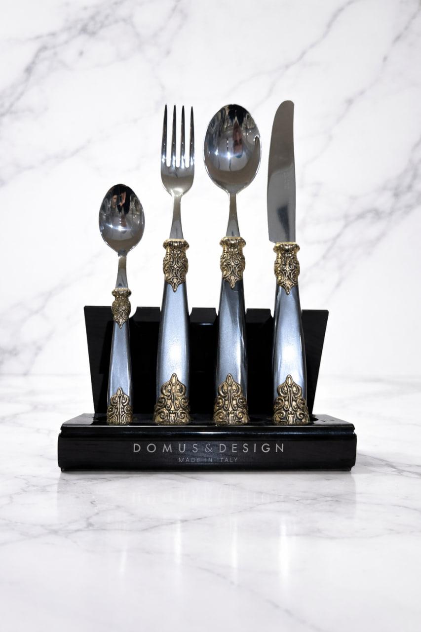 Дд-33 Подарочный набор из 4 предметов в золотом цвете и темно металич.цвете (2 ложки+1 вилка+1 нож) Нерж.сталь Domus Design PTVEAGS/NR