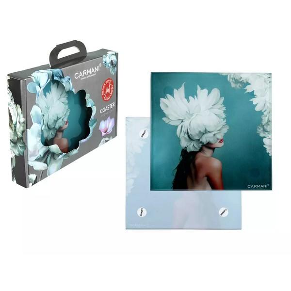 Хп-195-1955 Подставка из стекла - Силуэт девушки с цветами бирюза 12*12 см (CARMANI)